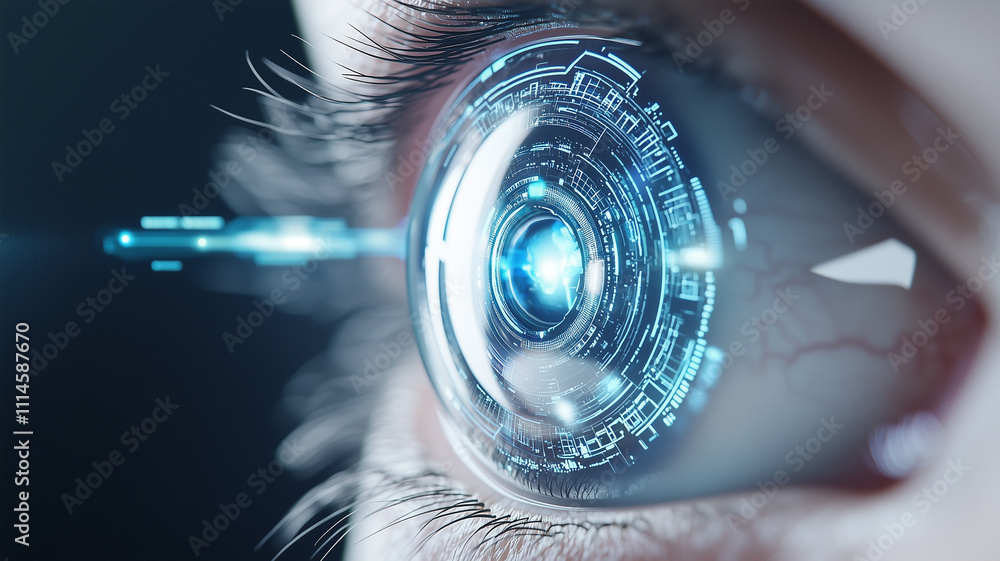 Poster close up of human eye with digital holographic display, showcasing futuristic technology and innovat