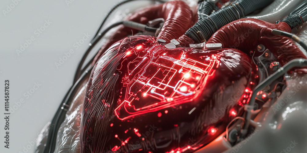 Poster futuristic artificial heart with glowing circuits and integrated technology, showcasing advanced bio