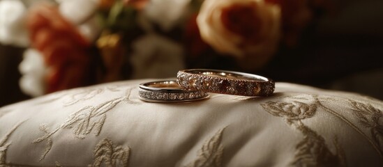 Fototapeta premium Two diamond wedding rings on a pillow with blurred flowers in the background.
