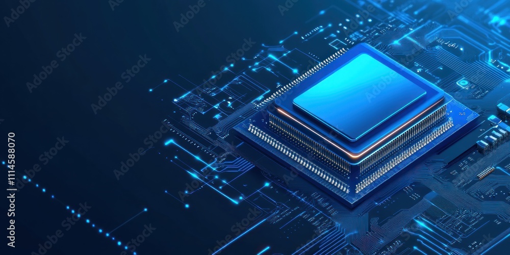 Poster Blue glowing computer processor on circuit board