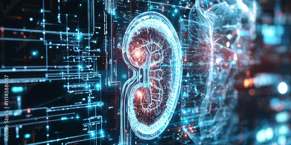 Poster digital interface showcasing artificial kidney with glowing elements, representing advanced medical 
