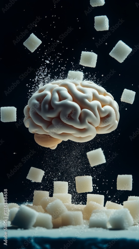 Poster Sugar cubes falling on a brain model, showing sugar's impact on memory and cognitive function, with a dark background highlighting potential harm