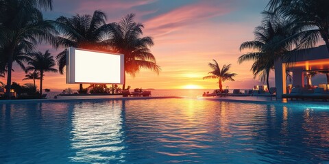 Obraz premium Luxury hotel poolside with a glowing white menu board on a modern stand, palm trees and crystal-clear water creating a tranquil setting.