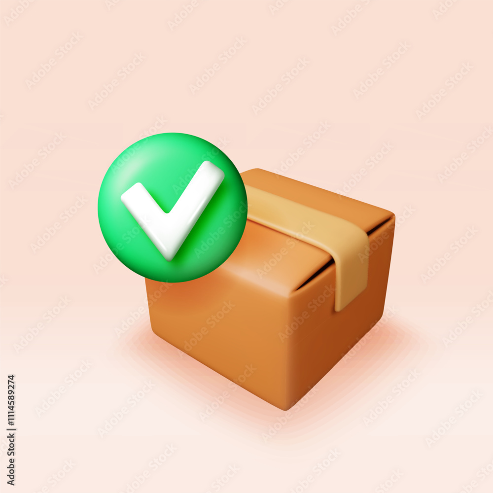 Aufkleber 3d closed delivery box with checkmark. render yes icon in open cardboard box. approved or accepted d