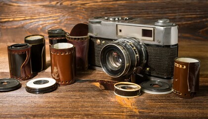 낡고 빛바랜 가죽 케이스에 보관된 고전적인 필름 카메라와 흩어진 필름 롤들