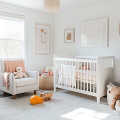 Modern nursery with crib, armchair, and toys.