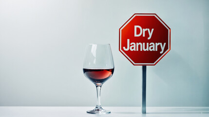 Dry January concept. Glass of alcohol, wine standing on kitchen counter with red stop sign. Sobriety challenge, self control campaign