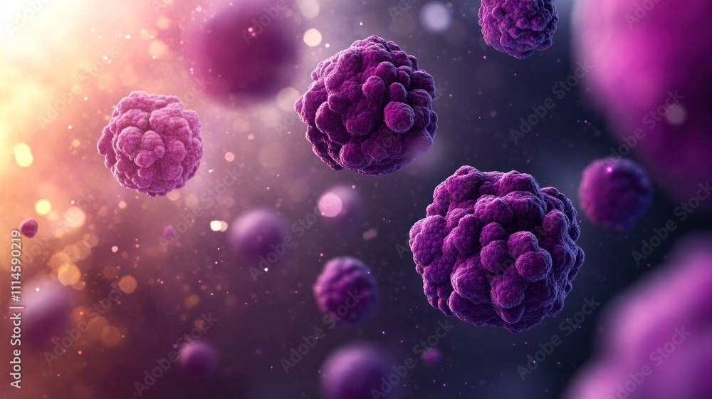Poster microscopic view of purple cellular structures floating