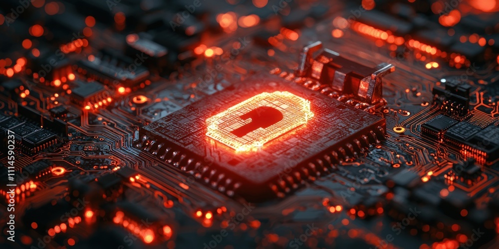 Poster glowing padlock symbol on a circuit board