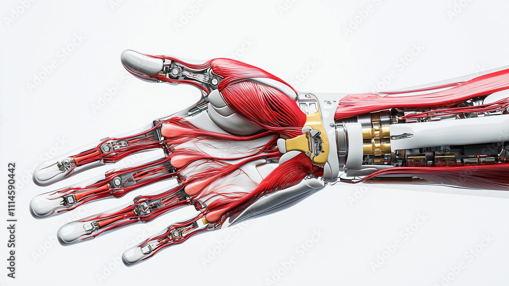 Poster detailed prosthetic hand highlighting anatomy and mechanics of artificial limbs, showcasing intricat