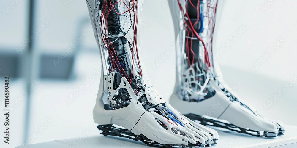 Poster detailed view of advanced prosthetic legs showcasing intricate design and technology, highlighting visible mechanical components and wiring for enhanced functionality