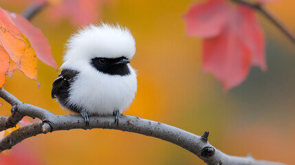 Fototapeta premium Long-tailed Tit Perched on Branch with Autumn Leaves
