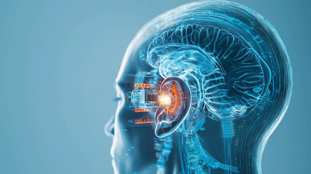 detailed illustration of cochlear implants integrated into human head, showcasing advanced technology and its connection to brain, highlighting innovation in medical devices