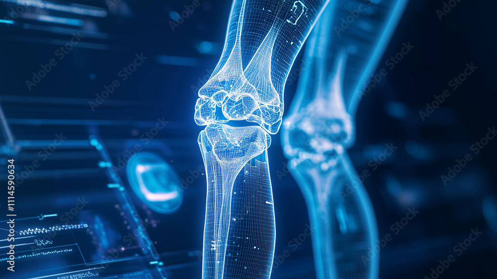 Poster digital blueprint of artificial joints with holographic elements showcases futuristic medical techno