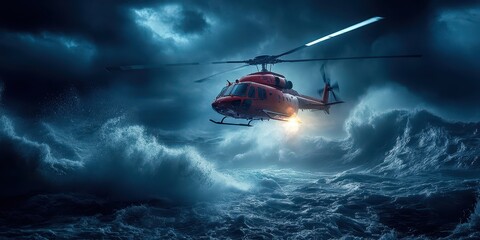 Fototapeta premium Helicopter hovering over an ocean rescue mission, its spotlight illuminating the water as waves crash around it.