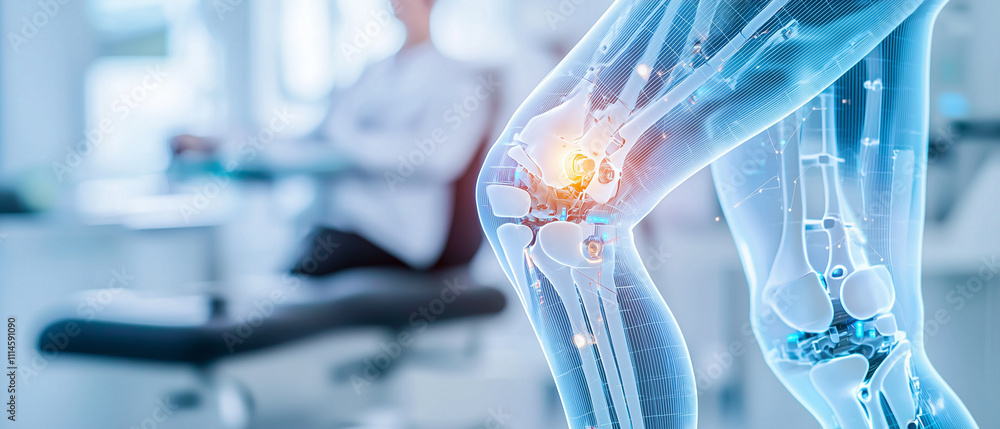 Poster digital illustration of knee joint with integrated sensors highlights innovative technology in medic