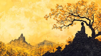 Abstract Buddha statue illustration featuring mystical elements and peaceful vibes, evoking spiritual balance and meditative energy.