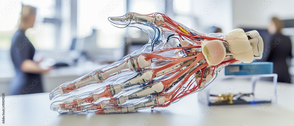 Poster detailed view of innovative prosthetic hand showcasing advanced technology and intricate design, hig