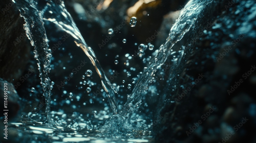 Poster water cascading over rocks creating bubbles