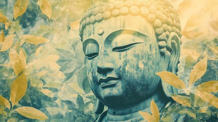 Abstract Buddha statue illustration featuring mystical elements and peaceful vibes, evoking spiritual balance and meditative energy.