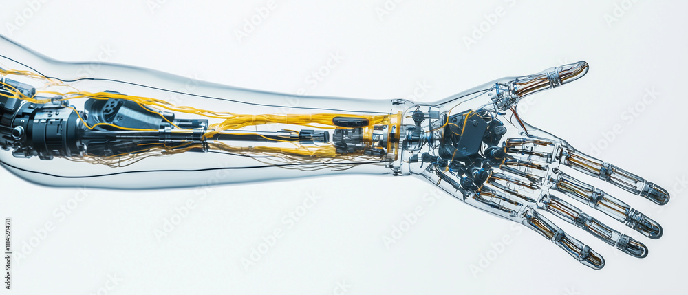 Poster transparent prosthetic arm showcasing intricate internal anatomy and advanced technology, highlighti