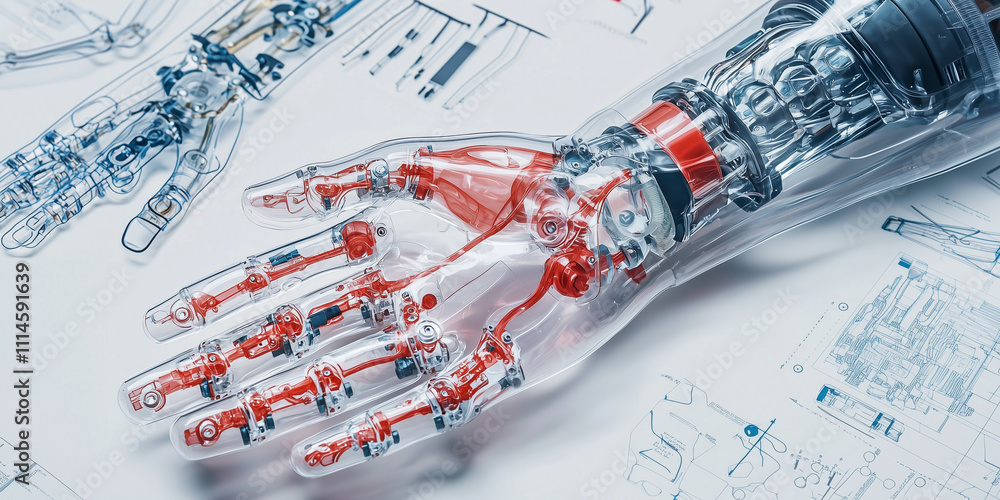 Poster transparent prosthetic limb with visible mechanical components lies on table with technical blueprints, showcasing advanced engineering and design