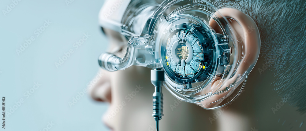 Poster futuristic cochlear implant is integrated with human ear, showcasing advanced technology and innovat