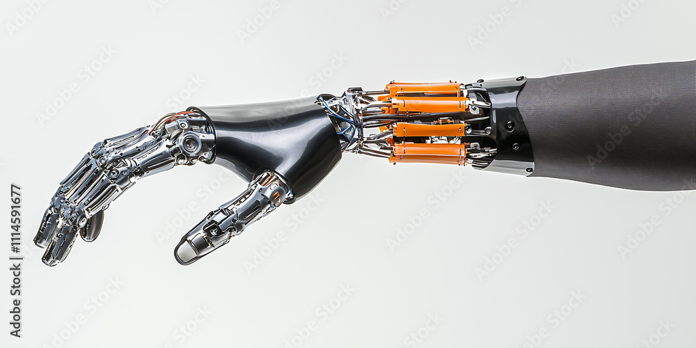 Poster sleek prosthetic arm with visible anatomy components, showcasing advanced technology and design. mec