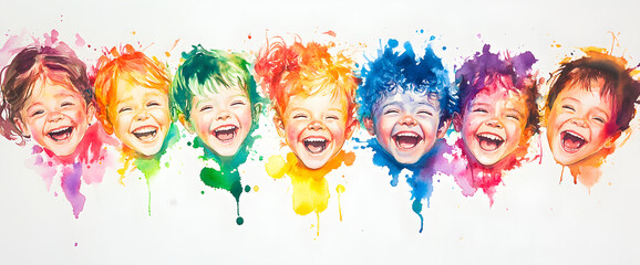 Joyful Children in Vibrant Watercolor Illustration, AI GENERATIVE 