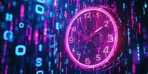 A futuristic digital clock surrounded by neon data streams.