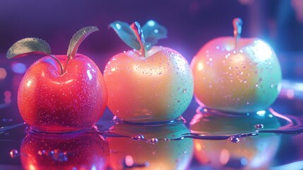 Three vibrant apples with water droplets, reflecting in a neon-lit surface.