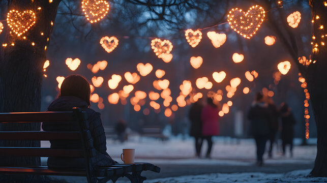 Woman Sitting on a Bench at Night, Illuminated by Heart-Shaped Lights