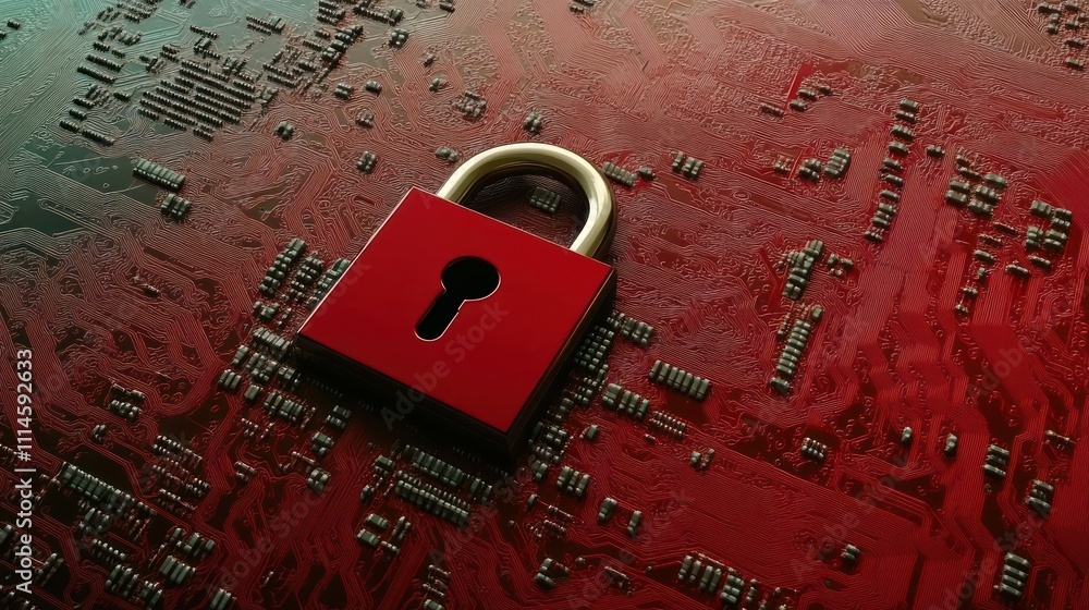 Poster Red Padlock on a Circuit Board Representing Digital Security