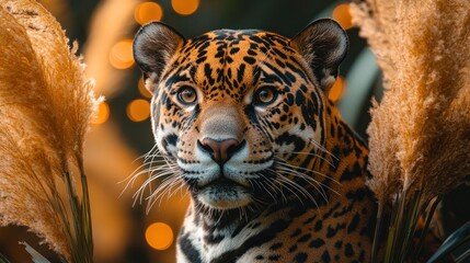 Obraz premium Majestic jaguar portrait framed by pampas grass, bokeh background.