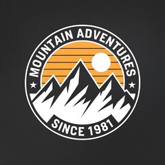 Badge-Style Design with Snow-Capped Mountains, Golden Stripes, and Circular Sun or Moon on Black Background