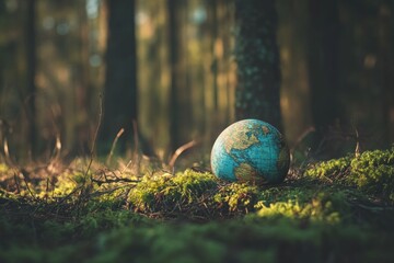 A Miniature Globe Rests Gently In A Mossy Forest