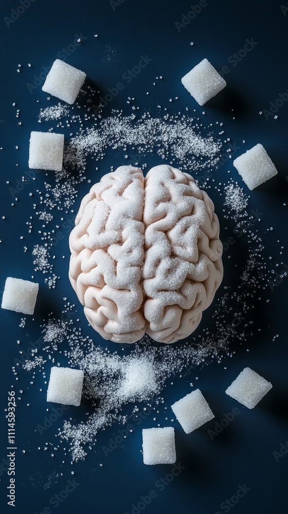 Poster model brain covered in sugar granules, surrounded by sugar cubes on dark blue background symbolizes 
