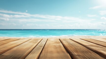 Fototapeta premium Wooden Deck Overlooking a Beautiful Ocean Beach Scene