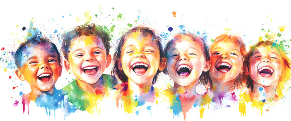 Obraz premium Joyful Children in Vibrant Watercolor Illustration, AI GENERATIVE 