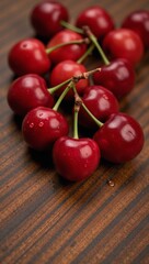 Cluster of cherries on table with water droplets