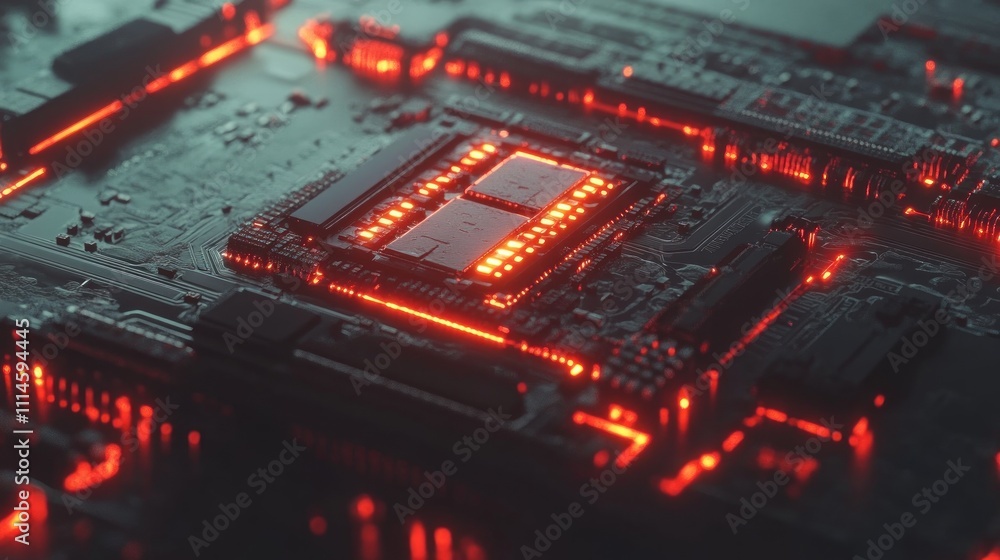Poster Illuminated Computer Circuit Board Processor Closeup