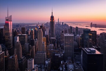 Fototapeta premium New York City Skyline at Sunset: A Panoramic View of Manhattan's Iconic Skyscrapers