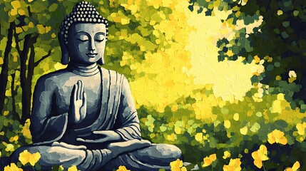 Obraz premium Serene Buddha statue illustration capturing mystical vibes and a meditative atmosphere, ideal for spiritual art and decor themes.