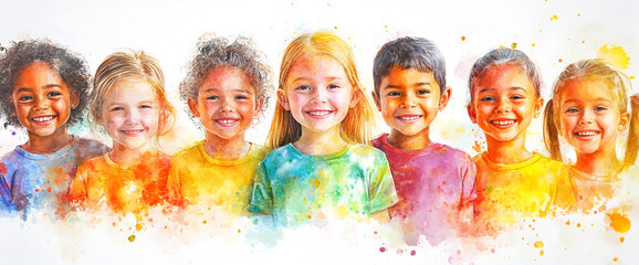 Joyful Children in Vibrant Watercolor Illustration, AI GENERATIVE 