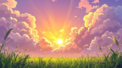 Obraz premium Sunset Over Lush Grassland With Fluffy Clouds