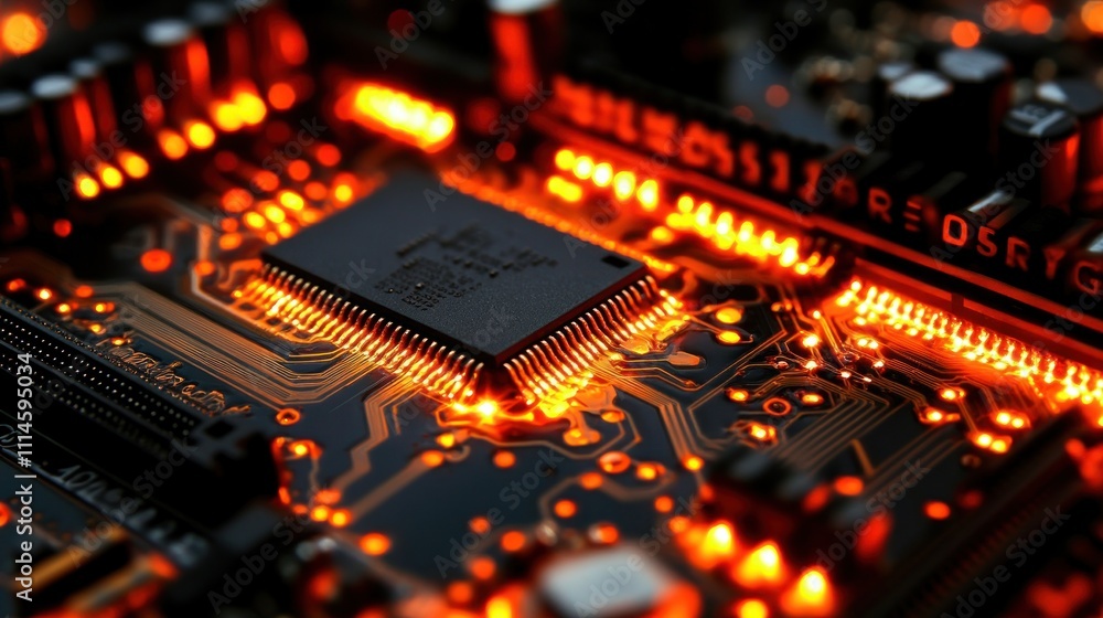 Poster illuminated circuit board shows microchip and connections