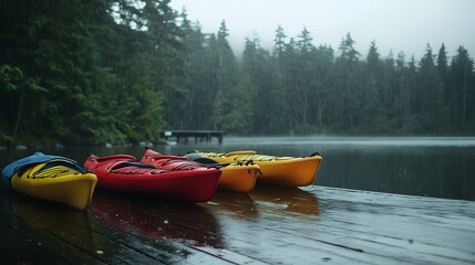 Fototapeta premium Colorful kayaks resting on a misty lake shore surrounded by lush greenery