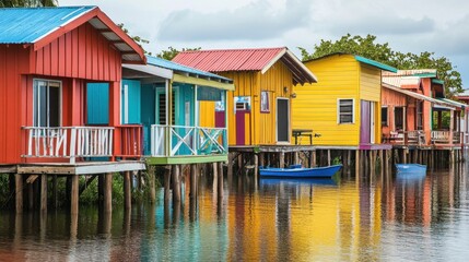 Vibrant Wooden Houses on Stilts Reflecting on Water