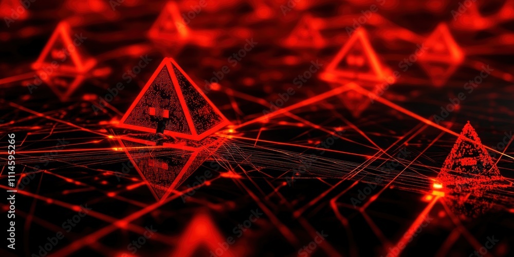 Poster Red Illuminated Pyramids Connected By a Network