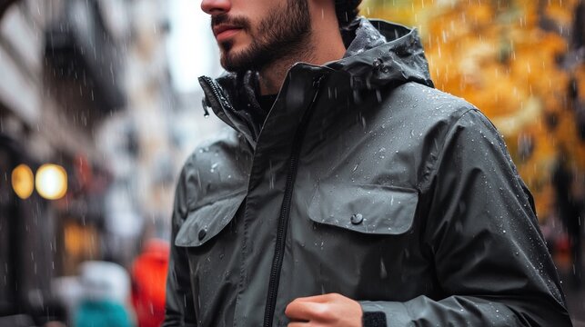 Man in waterproof jacket walking in rain.